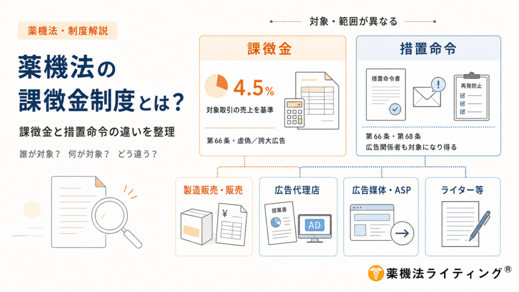 薬機法の課徴金制度と措置命令の違いを、対象となる行為と関係者の範囲から整理した図。課徴金は薬機法第66条に関わる虚偽・誇大広告を対象とし、対象取引の売上を基準に原則4.5％を納付する制度で、主に製造販売業者や販売業者などが対象となる。一方、措置命令は薬機法第66条・第68条に関する違反広告について、表示の是正や再発防止などを求める行政処分で、製造販売・販売事業者だけでなく、広告代理店、広告媒体・ASP、ライター等の広告関係者も対象になり得る。課徴金と措置命令では対象となる行為や関係者の範囲が異なるため、誰が何について責任を負う可能性があるかを分けて確認することが重要であると示している。