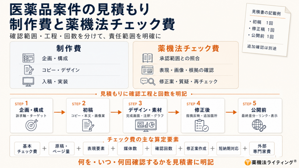 医薬品案件の見積もりにおける、制作費と薬機法チェック費の内訳図。確認工程や回数を分けることで責任範囲を明確にするための構成案を示している。図解には、制作費と薬機法チェック費の具体的な項目、企画から公開までの5段階の進行ステップ、およびチェック費用の算定要素（基本費、原稿量、表現要素数、媒体数、確認回数、修正対応、短納期対応、外部専門家費用）がまとめられている。