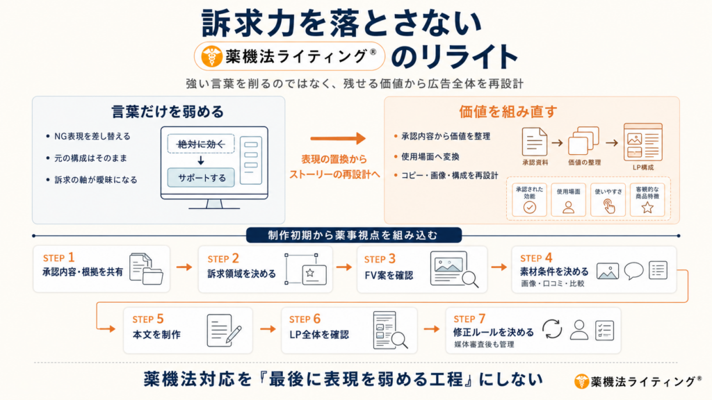 訴求力を維持しながら薬機法に対応するための「薬機法ライティング」の手法を示した図解。NG表現を単に差し替える従来の手法と、承認内容に基づき価値を再整理・再設計する手法を対比している。下段には、制作の初期段階から薬事視点を組み込むための7つのステップ(承認内容共有から修正ルールの決定まで)が時系列で示されており、薬事対応を最後に表現を弱める工程にしないことの重要性を説いている。