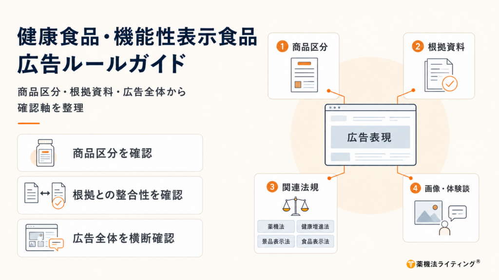 健康食品・機能性表示食品の広告ルールについて、商品区分、根拠資料、関連法規、画像・体験談を広告表現と結び付けて整理した図解。「商品区分を確認」「根拠との整合性を確認」「広告全体を横断確認」の3つの確認軸を示している。