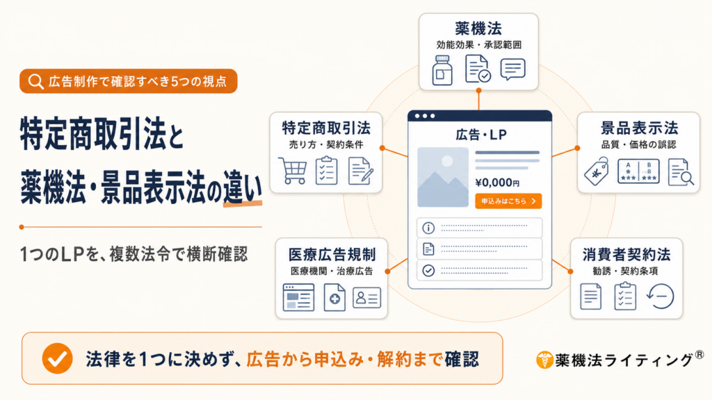 「特定商取引法と薬機法・景品表示法の違い」という見出しのアイキャッチ画像。中央に「広告・LP」の画面イメージを置き、その周囲に、特定商取引法は売り方・契約条件、薬機法は効能効果・承認範囲、景品表示法は品質・価格の誤認、消費者契約法は勧誘・契約条項、医療広告規制は医療機関・治療広告を確認する5つの視点を配置している。下部では、法律を1つに決めず、広告から申込み・解約まで複数法令で横断確認する重要性を示している。