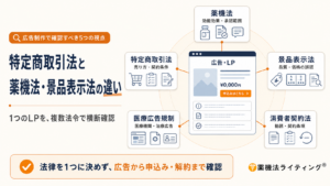 「特定商取引法と薬機法・景品表示法の違い」という見出しのアイキャッチ画像。中央に「広告・LP」の画面イメージを置き、その周囲に、特定商取引法は売り方・契約条件、薬機法は効能効果・承認範囲、景品表示法は品質・価格の誤認、消費者契約法は勧誘・契約条項、医療広告規制は医療機関・治療広告を確認する5つの視点を配置している。下部では、法律を1つに決めず、広告から申込み・解約まで複数法令で横断確認する重要性を示している。