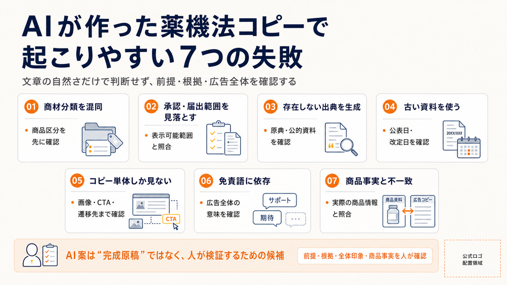 タイトル:「AIが作った薬機法コピーで起こりやすい7つの失敗」
概要:AI出力案を文章の自然さだけで判断せず確認すべき7つの失敗パターン(01. 商材分類を混同、02. 承認・届出範囲を見落とす、03. 存在しない出典を生成、04. 古い資料を使う、05. コピー単体しか見ない、06. 免責語に依存、07. 商品事実と不一致)をまとめた図解です。