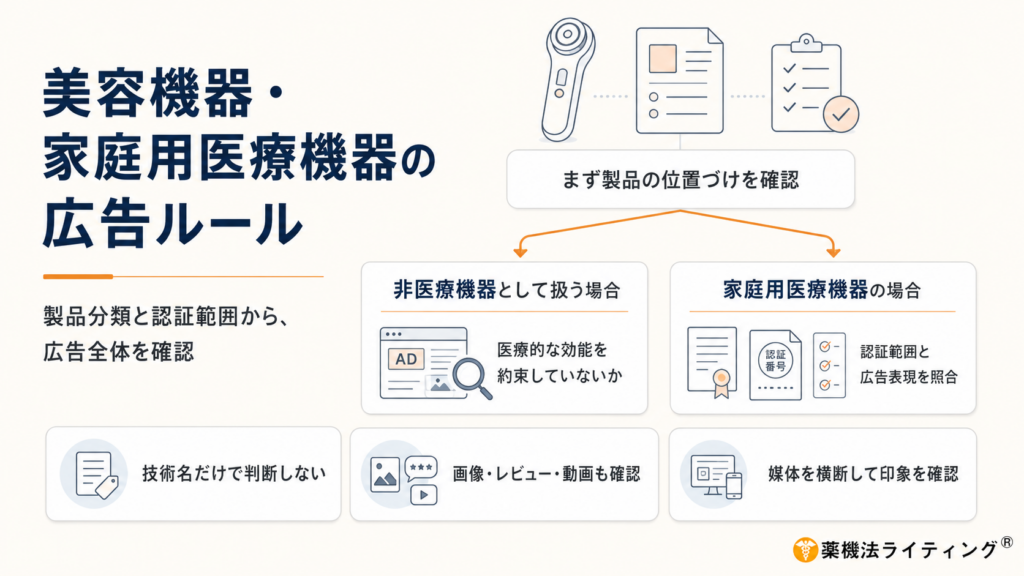 美容機器と家庭用医療機器を並べ、薬機法に基づく効能効果の訴求範囲の違いや、広告制作における注意点を示す概念図。記事のタイトル『美容機器・家庭用医療機器の広告ルール』のメインビジュアル