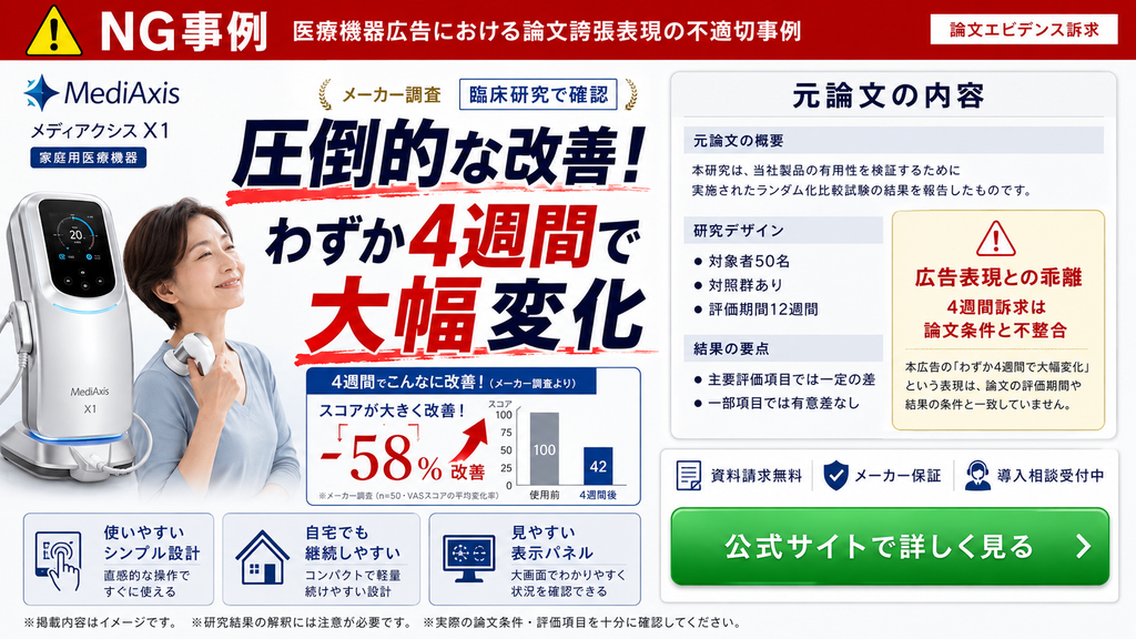 医療機器広告で臨床研究や論文データを誇張して訴求するNG事例を示した図。家庭用医療機器「MediAxis X1」の広告として、「臨床研究で確認」「圧倒的な改善!」「わずか4週間で大幅変化」「スコアが58%改善」などのコピーとグラフを掲載している。一方、元論文は対象者50名、対照群あり、評価期間12週間のランダム化比較試験で、主要評価項目では一定の差があるものの一部項目では有意差がないという内容であり、広告の「4週間で大幅変化」という訴求と研究条件が一致していない。医療機器広告では、論文や臨床研究を根拠として使用する場合でも、評価期間、対象者、評価項目、対照群、有意差など元データの条件を正確に確認し、研究結果の一部だけを切り取って製品効果を実際以上に強く見せないことが重要であると示している。