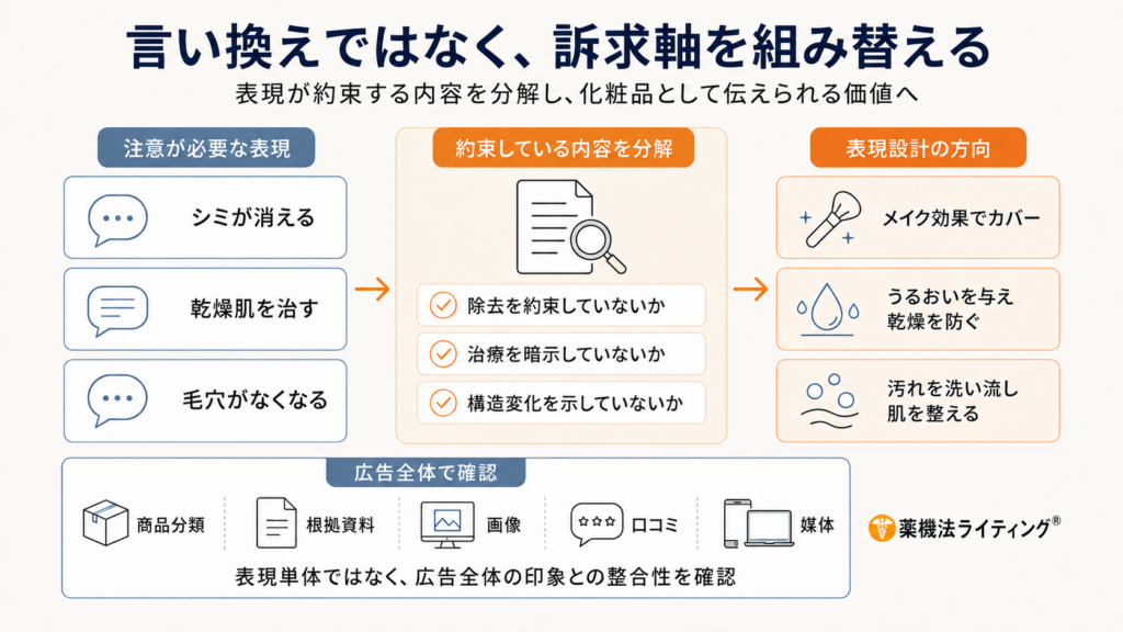 「薬機法対応・化粧品広告表現の再設計」をテーマにした日本語インフォグラフィック。上部に「言い換えではなく、訴求軸を組み替える」という見出しと、「表現が約束する内容を分解し、化粧品として伝えられる価値へ」というサブコピーを配置。中央は3列構成で、左に「注意が必要な表現」として「シミが消える」「乾燥肌を治す」「毛穴がなくなる」の3カード、中央に「約束している内容を分解」として「除去を約束していないか」「治療を暗示していないか」「構造変化を示していないか」を示す大きなカード、右に「表現設計の方向」として「メイク効果でカバー」「うるおいを与え乾燥を防ぐ」「汚れを洗い流し肌を整える」の3カードを配置。左から中央、中央から右へ矢印でつなぎ、機械的な言い換えではなく判断工程を経て表現を組み替える流れを示している。下部には「広告全体で確認」として「商品分類」「根拠資料」「画像」「口コミ」「媒体」を横並びで表示し、最後に「表現単体ではなく、広告全体の印象との整合性を確認」とまとめている。