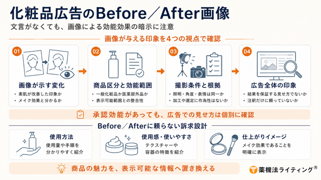 化粧品広告のBefore/After画像について、画像が示す変化、商品区分と効能範囲、撮影条件と根拠、広告全体の印象という4つの確認ポイントを横並びで解説した図。下部には、Before/Afterに頼らない訴求方法として、使用方法、使用感・使いやすさ、メイク効果による仕上がりイメージを紹介し、「商品の魅力を、表示可能な情報へ置き換える」とまとめている。