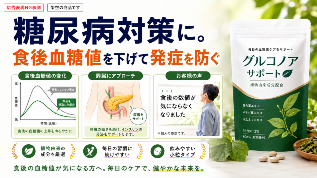 健康食品による糖尿病対策をうたった広告表現のNG事例。大きく「糖尿病対策に。食後血糖値を下げて発症を防ぐ」と表示し、血糖値の変化を示すグラフや膵臓の図を使って、「食後の血糖値上昇をゆるやかにする」「膵臓の働きを助け、インスリンの分泌をサポート」などと訴求している。利用者の声として「食後の数値が気にならなくなりました」と掲載し、右側に植物由来成分を配合した架空のサプリメント「グルコノアサポート」のパッケージを配置。健康食品で疾病の予防や身体機能への作用を直接示している不適切な広告例である。