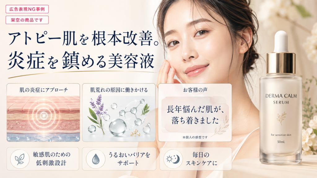 化粧品によるアトピー肌の改善をうたった広告表現のNG事例。大きく「アトピー肌を根本改善。炎症を鎮める美容液」と表示し、皮膚断面図や成分イメージを使って「肌の炎症にアプローチ」「肌荒れの原因に働きかける」と訴求している。利用者の声として「長年悩んだ肌が、落ち着きました」と掲載し、右側に架空の美容液「DERMA CALM SERUM」と肌に触れる女性を配置。化粧品で疾病の改善や炎症への作用を直接示している不適切な広告例である。