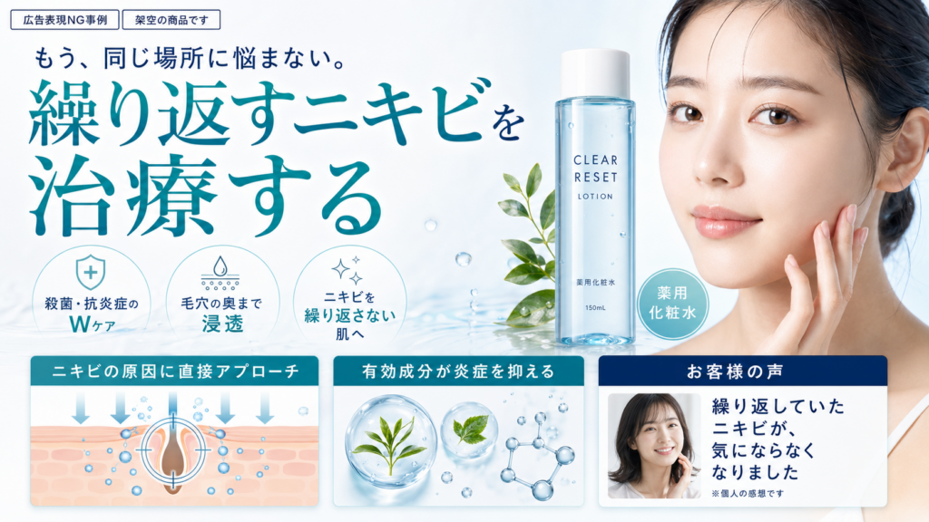 薬用化粧水で繰り返すニキビの治療をうたった広告表現のNG事例。「もう、同じ場所に悩まない。繰り返すニキビを治療する」と大きく表示し、「殺菌・抗炎症のWケア」「毛穴の奥まで浸透」「ニキビを繰り返さない肌へ」と訴求している。下段では、皮膚断面図や植物由来成分のイメージを使って「ニキビの原因に直接アプローチ」「有効成分が炎症を抑える」と説明し、利用者の声として「繰り返していたニキビが、気にならなくなりました」と掲載。右側に架空の薬用化粧水「CLEAR RESET LOTION」と肌に触れる女性を配置し、承認範囲を超えて治療や再発防止を保証する不適切な広告例を示している。