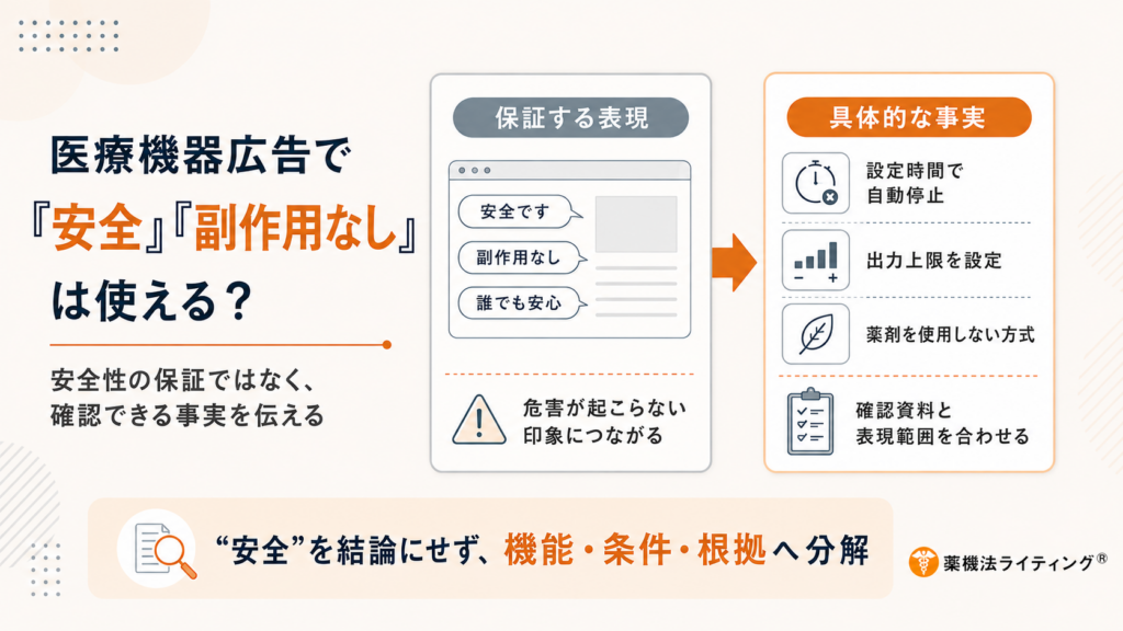 医療機器広告において、「安全です」「副作用なし」「誰でも安心」といった保証する表現は避け、設定時間での自動停止、出力上限の設定、薬剤不使用、確認資料との整合性といった「具体的な事実」を伝えるべきであることを解説する図。下部には「『安全』を結論にせず、機能・条件・根拠へ分解」という要点が記載されている。
