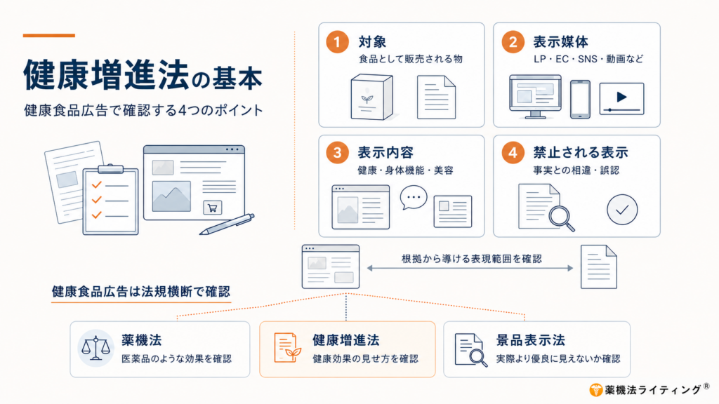 健康増進法の基本と、健康食品広告で確認する4つのポイントを整理した図解。対象、表示媒体、表示内容、禁止される表示を4カードで示し、根拠から導ける表現範囲の確認と、薬機法・健康増進法・景品表示法を横断して確認する必要性を表している。