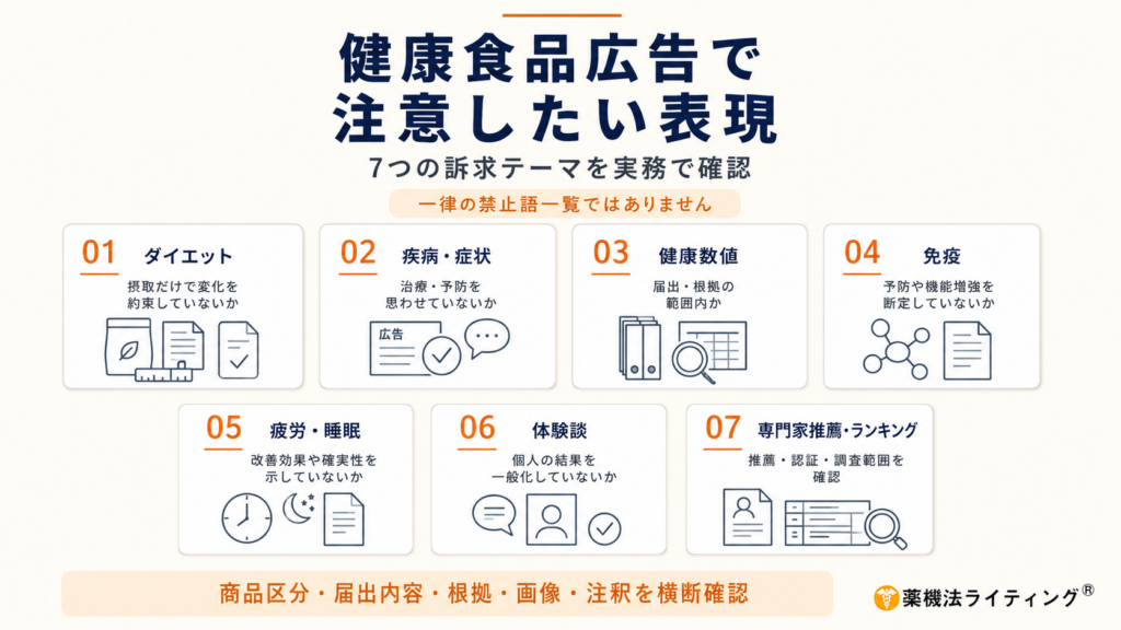 健康食品広告で注意したい表現を、ダイエット、疾病・症状、健康数値、免疫、疲労・睡眠、体験談、専門家推薦・ランキングの7テーマで整理した図解。一律の禁止語一覧ではなく、商品区分、届出内容、根拠、画像、体験談、注釈を含む広告全体で確認する必要性を示している。