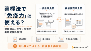 薬機法上、健康食品・サプリ広告で「免疫力」という表現が使えるかを商品区分別に整理した図解。一般健康食品では「免疫力アップ」は原則表現できず、画像や体験談による暗示にも注意が必要と説明している。機能性表示食品は届出表示の範囲に限り、「免疫機能の維持」を「向上」へ拡張しないよう示している。下段に「商品区分」「届出表示」「広告全体の印象」の確認項目を並べ、単なる言い換えではなく、訴求軸そのものを再設計するようまとめている。