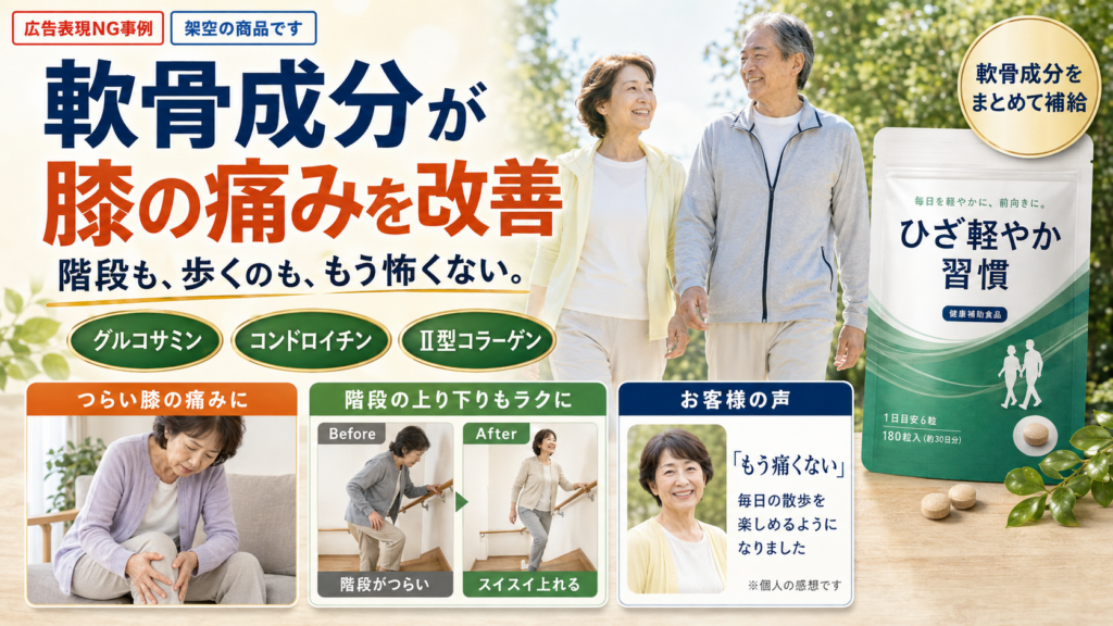 健康食品で膝の痛みの改善をうたった広告表現のNG事例。大きく「軟骨成分が膝の痛みを改善」「階段も、歩くのも、もう怖くない」と表示し、グルコサミン、コンドロイチン、Ⅱ型コラーゲンを訴求している。中央に屋外を歩く高齢の男女、右側に架空の健康補助食品「ひざ軽やか習慣」のパッケージを配置。下段では、膝を押さえる女性の写真、階段昇降のビフォー・アフター、利用者の「もう痛くない」という声を掲載し、健康食品で痛みの改善や身体機能の回復を直接示している不適切な広告例である。