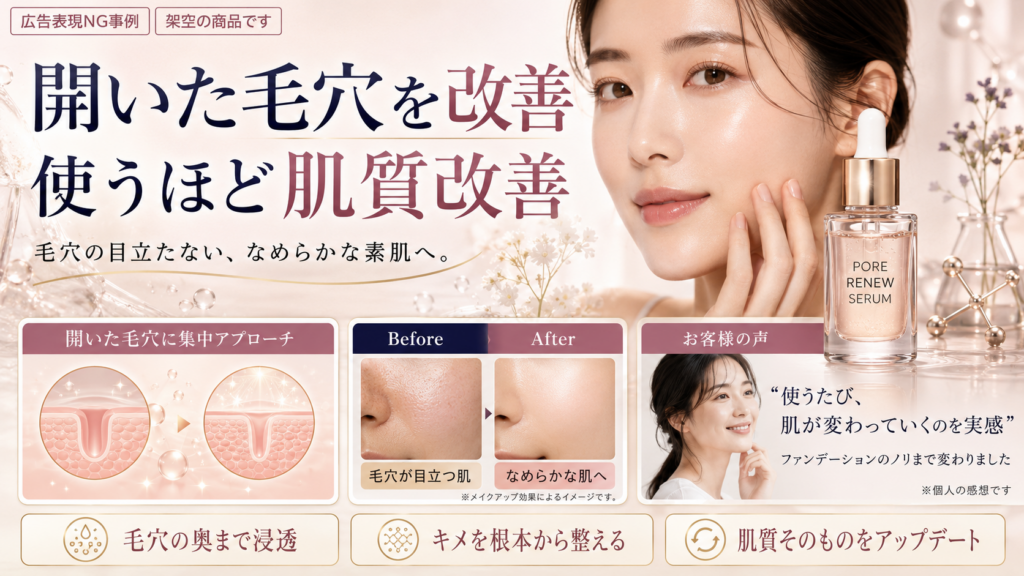 化粧品で毛穴や肌質の改善をうたった広告表現のNG事例。大きく「開いた毛穴を改善」「使うほど肌質改善」と表示し、「毛穴の目立たない、なめらかな素肌へ」と訴求している。下段では、毛穴の断面イメージやビフォー・アフター写真を使って「開いた毛穴に集中アプローチ」「毛穴の奥まで浸透」「キメを根本から整える」「肌質そのものをアップデート」と説明し、利用者の声として「使うたび、肌が変わっていくのを実感」と掲載。右側に架空の美容液「PORE RENEW SERUM」と頬に触れる女性を配置し、化粧品の範囲を超えて毛穴や肌質の恒常的な改善を示す不適切な広告例である。