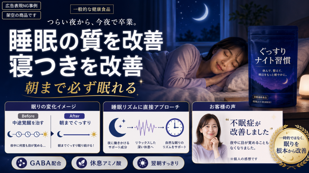 一般的な健康食品で睡眠の改善をうたった広告表現のNG事例。大きく「睡眠の質を改善」「寝つきを改善」「朝まで必ず眠れる」と表示し、眠りのビフォー・アフター図や「睡眠リズムに直接アプローチ」といった説明で効果を訴求している。右側に眠る女性と架空の健康補助食品「ぐっすりナイト習慣」のパッケージを配置し、利用者の声として「不眠症が改善しました」、さらに「眠りを根本から改善」と掲載。GABAなどの成分を含む健康食品で、不眠症の改善や睡眠効果の保証を示している不適切な広告例である。