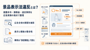 景品表示法違反と書かれた書類を手に持つ人物と、チェックリストや違反事例を示すグラフが背景に描かれた、広告実務における景品表示法対策をテーマにしたイメージ画像