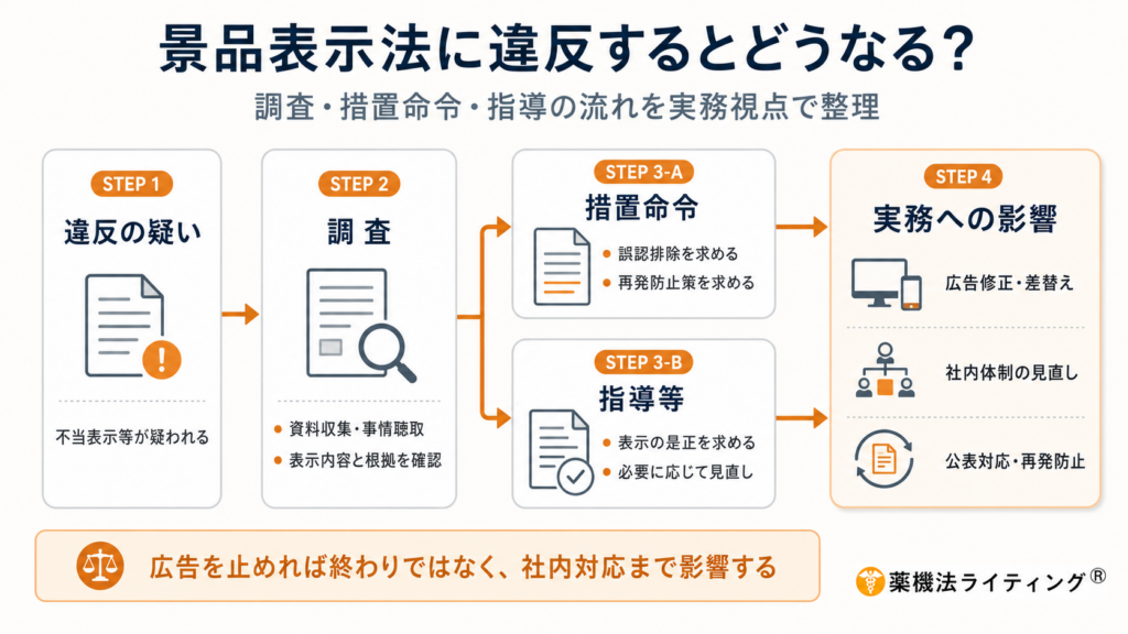 景品表示法違反が疑われた際に行われる、調査から措置命令・指導に至るまでの行政処分の流れを示すフロー図