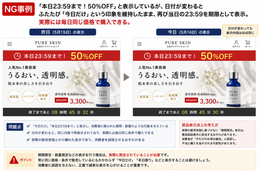 NG事例:『本日限り50%OFF』の表示を毎日繰り返す例。ECサイトの広告において、5月15日と5月16日の表示内容が同一であり、『本日23:59まで』という期限が販売実態を伴わずに毎日更新されている様子を図示している。実際には毎日同じ価格で購入できるにもかかわらず『今だけ』という印象を与える表示は、消費者の有利誤認を招くため景品表示法上の問題となることを説明する図。