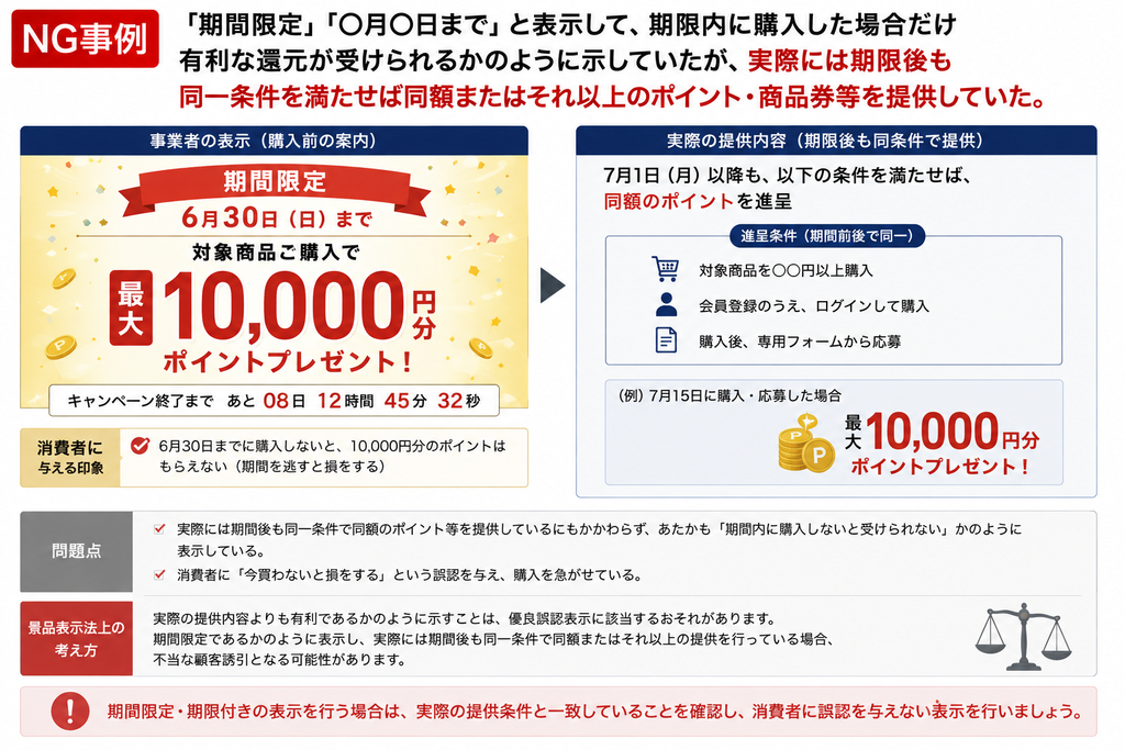 NG事例:『期間限定 6月30日まで』と表示しながら、実際には期限後も同条件で10,000円分のポイント還元を継続している例。消費者は『今買わないとポイントがもらえない』と急かされるが、実態は期限後も同じ特典が受けられるため、景品表示法上の有利誤認を招く可能性が高いことを説明する図。