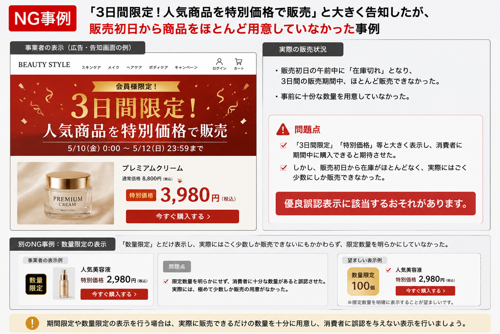 NG事例:『3日間限定!人気商品を特別価格で販売』と大きく広告しながら、販売初日から在庫をほとんど用意せず、実質的に購入できない状態だったケースを図解。また、『数量限定』とだけ表示し、販売可能な数が極めて少ないにもかかわらず具体的な数量を明かさないケースも、消費者におとり広告としての誤認を与えるため不適切であると説明している。対照的に、望ましい表示例として『数量限定 100個』と具体的な限定数を明記する方法を併記している