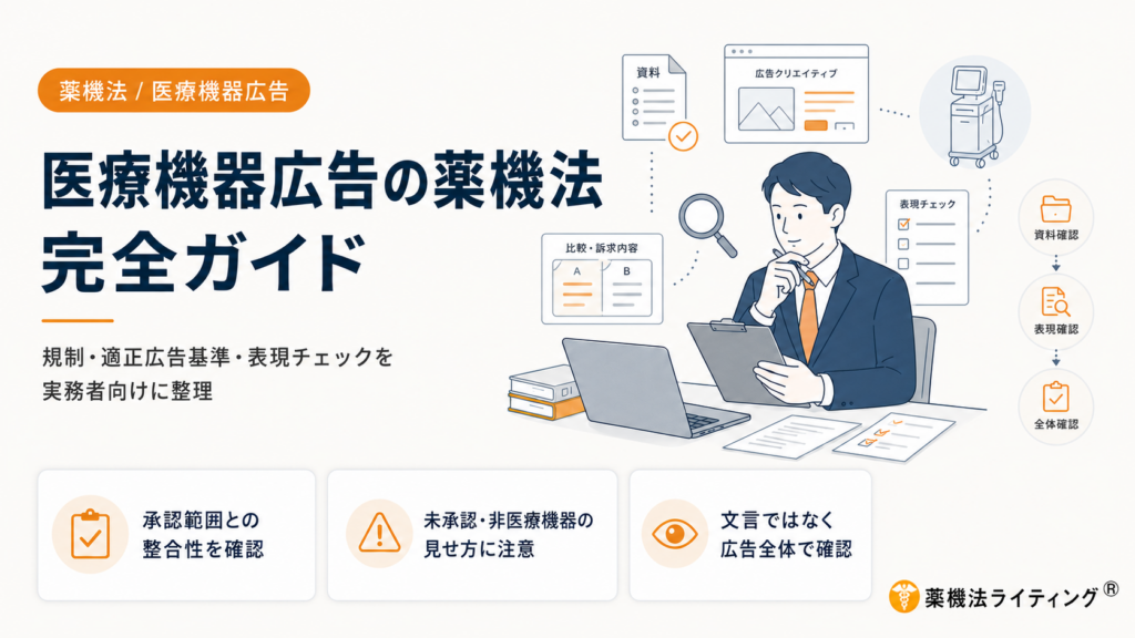 医療機器の法規制と適正広告を象徴するイメージ画像。製品の承認・認証範囲と広告表現の整合性を確認することの重要性をテーマにした記事の表紙。