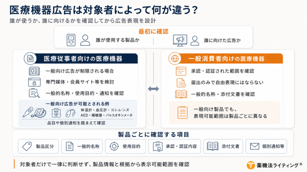 医療機器広告のターゲット比較図:医療従事者が使用する機器と一般消費者が使用する機器それぞれの広告制限、および体温計や血圧計など一般向け広告が可能な製品例と判断基準を示している。