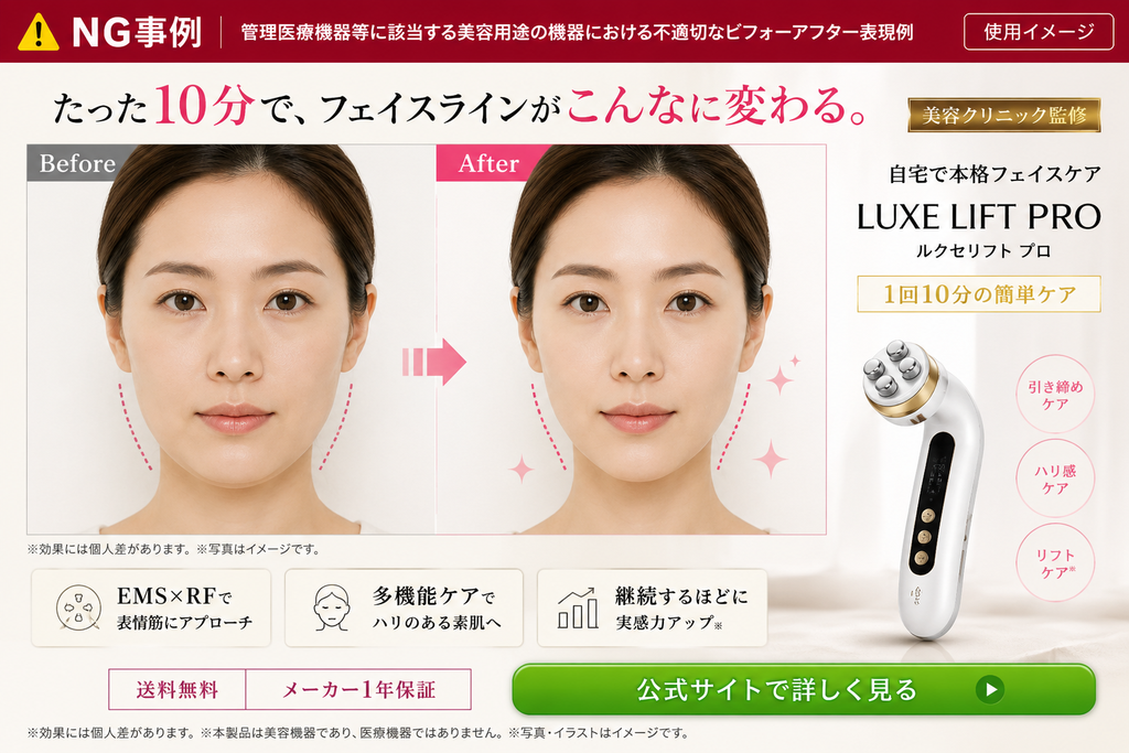 NG事例:美容系医療機器の広告における、輪郭の改善を過度に強調した不適切なビフォーアフター比較写真。薬機法および景品表示法における広告規制の解説用。