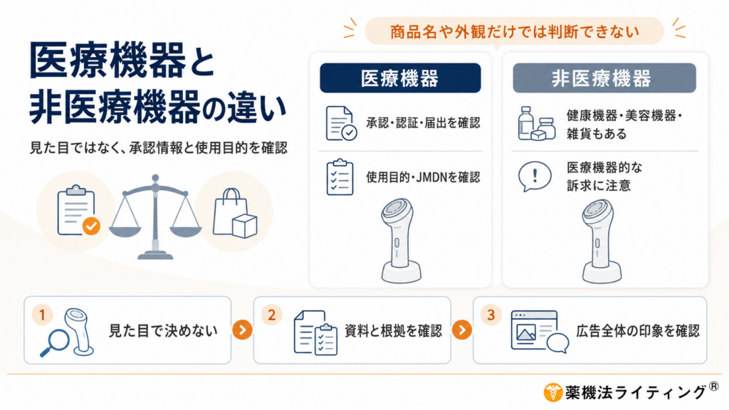 医療機器のクラス分類(一般・管理・高度管理)と人体へのリスクレベルの関係性を示す図解