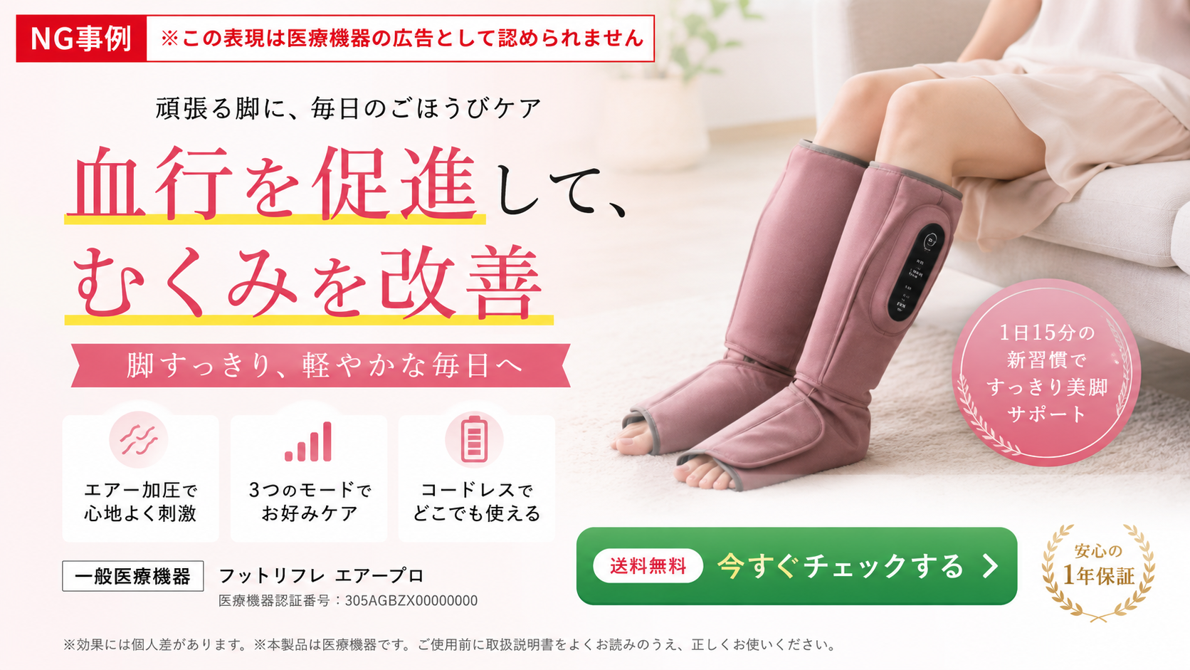 医療機器のNG広告事例画像。脚に装着するフットマッサージャー(フットリフレ エアープロ)を着用した女性の足元が表示され、「血行を促進して、むくみを改善」というコピーが記載されている。上部には「NG事例 ※この表現は医療機器の広告として認められません」との注釈がある。