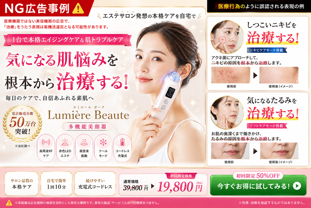 医療機器ではない美容機器の『NG広告事例』イメージ図。ランディングページ内で『気になる肌悩みを根本から治療する!』というキャッチコピーとともに、『しつこいニキビを治療する!』『気になるたるみを治療する!』といった、治療効果を謳う表現と、そのビフォーアフター写真が掲載されている。薬機法違反となるリスクを説明するための教育用事例として提示されている。
