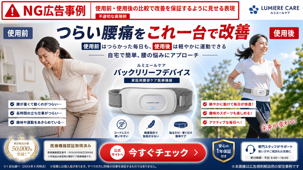 家庭用医療機器広告で、使用前・使用後のビフォーアフター画像によって腰痛の改善を保証するように見せるNG事例。左側には腰を押さえてつらそうにする女性を「使用前」として、腰が重く動くのがつらい、長時間の立ち仕事がつらい、趣味や運動をあきらめていると表現し、右側には医療機器を腰に装着して笑顔で走る女性を「使用後」として、軽やかに動けて毎日が快適、趣味のスポーツも楽しめる、アクティブな毎日へと訴求している。中央には家庭用腰部ケア医療機器と「つらい腰痛をこれ一台で改善」という見出しを配置し、使用前後の人物写真と組み合わせることで、この製品を使えば腰痛が改善して活動的な生活を取り戻せるかのような印象を与えている。医療機器広告では、ビフォーアフターという形式自体ではなく、画像全体から承認・認証範囲を超える効能効果や結果保証、効果発現を想起させていないかを確認する必要があることを示した不適切事例である