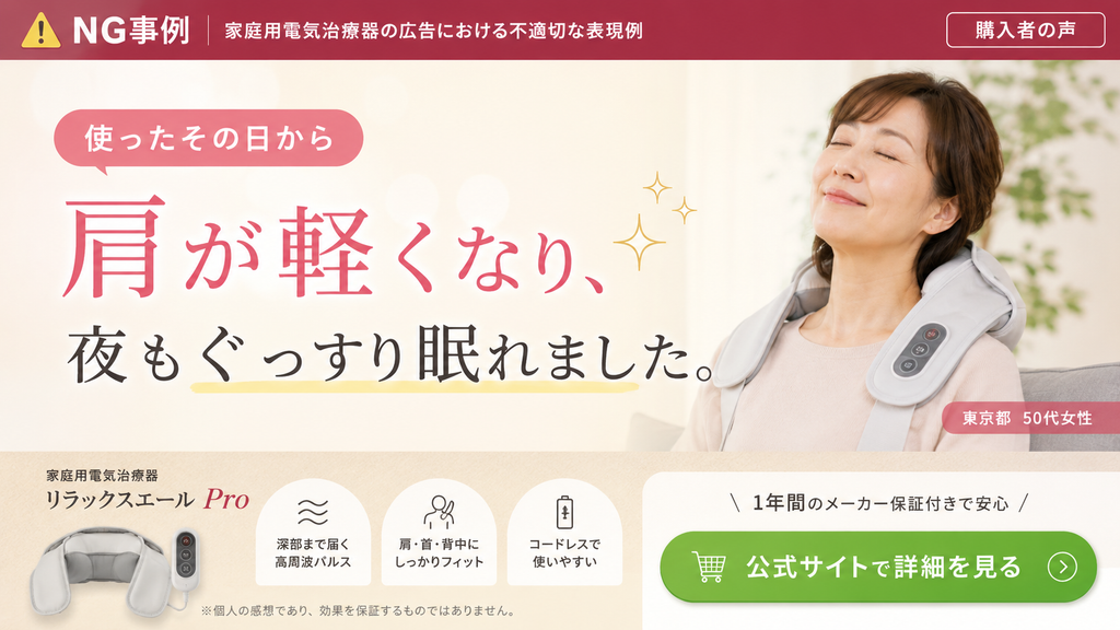 医療機器広告における不適切な表現例を示すLPのイメージ図。家庭用電気治療器の広告として、『使ったその日から肩が軽くなり、夜もぐっすり眠れました。』という、効能効果を保証・暗示する不適切な体験談が記載されている。