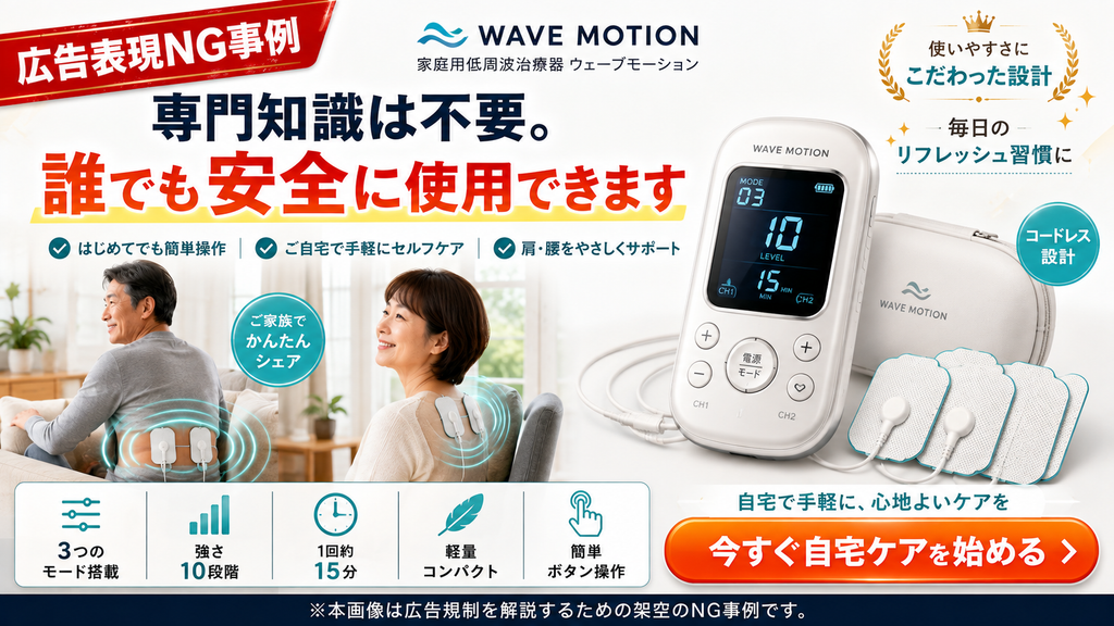 家庭用低周波治療器「WAVE MOTION」の広告表現NG事例。リビングで男女がデバイスを使用している様子と、製品画像、主な機能紹介アイコンが配置されている。メインコピーには「専門知識は不要。誰でも安全に使用できます」という安全性を保証する表現が記載されている。