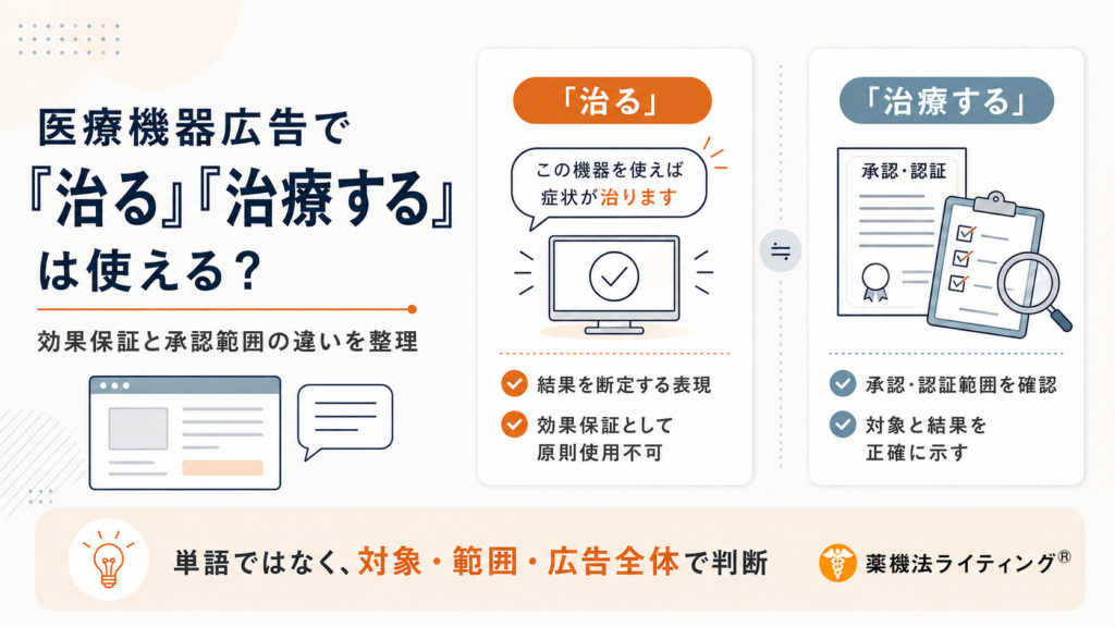 医療機器広告における『治る』と『治療する』の表現の可否について解説する図。左側に『医療機器広告で「治る」「治療する」は使える？』というタイトル。中央に『治る』の禁止事項（結果の断定、効果保証）、右側に『治療する』の注意点（承認・認証範囲の確認、正確な対象・結果の表示）が示され、下部に『単語ではなく、対象・範囲・広告全体で判断』という重要ポイントが記載されている。