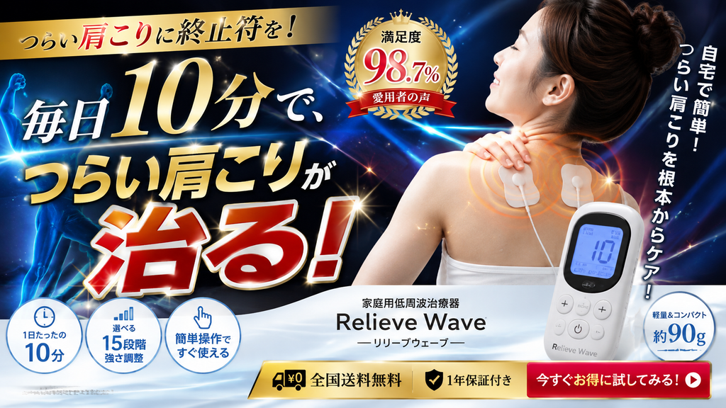 家庭用低周波治療器『Relieve Wave』のNG広告のバナー。女性が肩に機器を装着している様子とともに、『毎日10分で、つらい肩こりが治る!』というコピーや、満足度98.7%、1日10分使用、15段階の強さ調整といった製品特徴が記載されている。