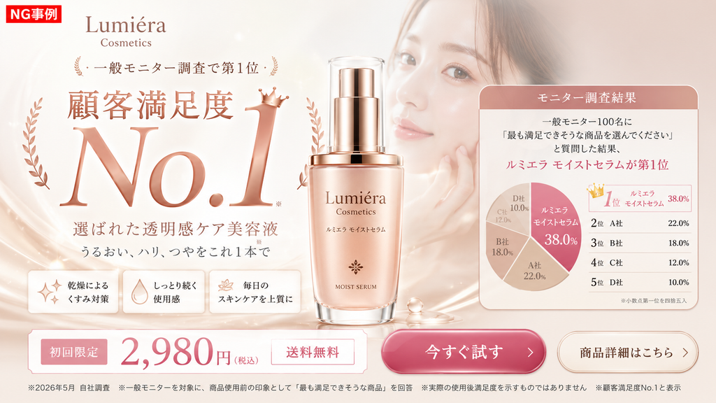 NG事例:美容液「Lumiéra モイストセラム」の「顧客満足度No.1」広告イメージ図。
大きく「顧客満足度No.1」と掲げ、その横に「一般モニター100名に『最も満足できそうな商品を選んでください』と質問した結果、ルミエラ モイストセラムが第1位」という調査結果のグラフが記載されている。
この画像は、実際の利用者ではなく商品ページ等の印象のみで回答させた調査結果を根拠に「顧客満足度No.1」と謳っており、消費者に利用満足度が高いと誤認させる恐れがある不適切な広告表示の具体例である。
