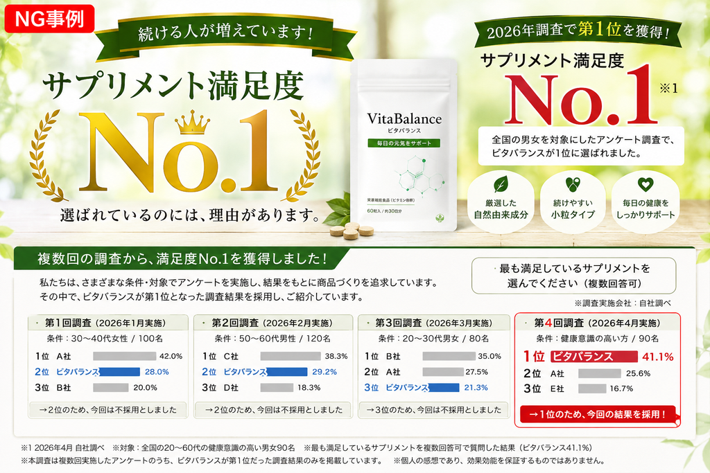「VitaBalance」の「サプリメント満足度No.1」広告イメージ図。
上部には「サプリメント満足度No.1」という大きな見出しがあり、下部には「第1回~第4回調査」の結果を示す表が記載されている。表では、第1回から第3回までは自社(ビタバランス)が1位ではないため「不採用」とし、第4回調査で1位になった結果のみを「今回の結果を採用!」として強調している。
この画像は、自社が1位になるまで調査を繰り返したり、1位の結果だけを都合よく採用する「結論ありきの調査」を根拠としており、公平性を欠いた不適切な広告表示の具体例である。