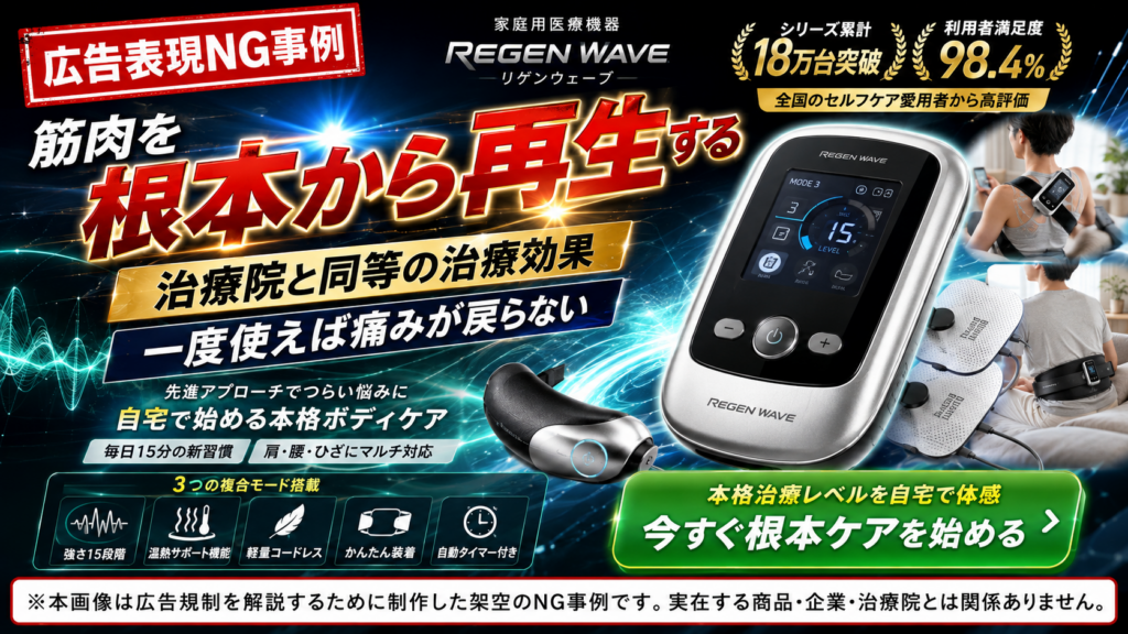 家庭用医療機器の広告表現NG事例。「筋肉を根本から再生する」「治療院と同等の治療効果」「一度使えば痛みが戻らない」など、承認範囲を超えた効果や永続性を大きく訴求している。右側に機器本体と肩・腰へ装着する使用イメージを配置し、「シリーズ累計18万台」「利用者満足度98.4%」などの実績表示や、「本格治療レベル」「今すぐ根本ケアを始める」と購入を促す表現も掲載。下部に、広告規制を解説するための架空のNG事例であり、実在の商品・企業・治療院とは無関係と注記している。