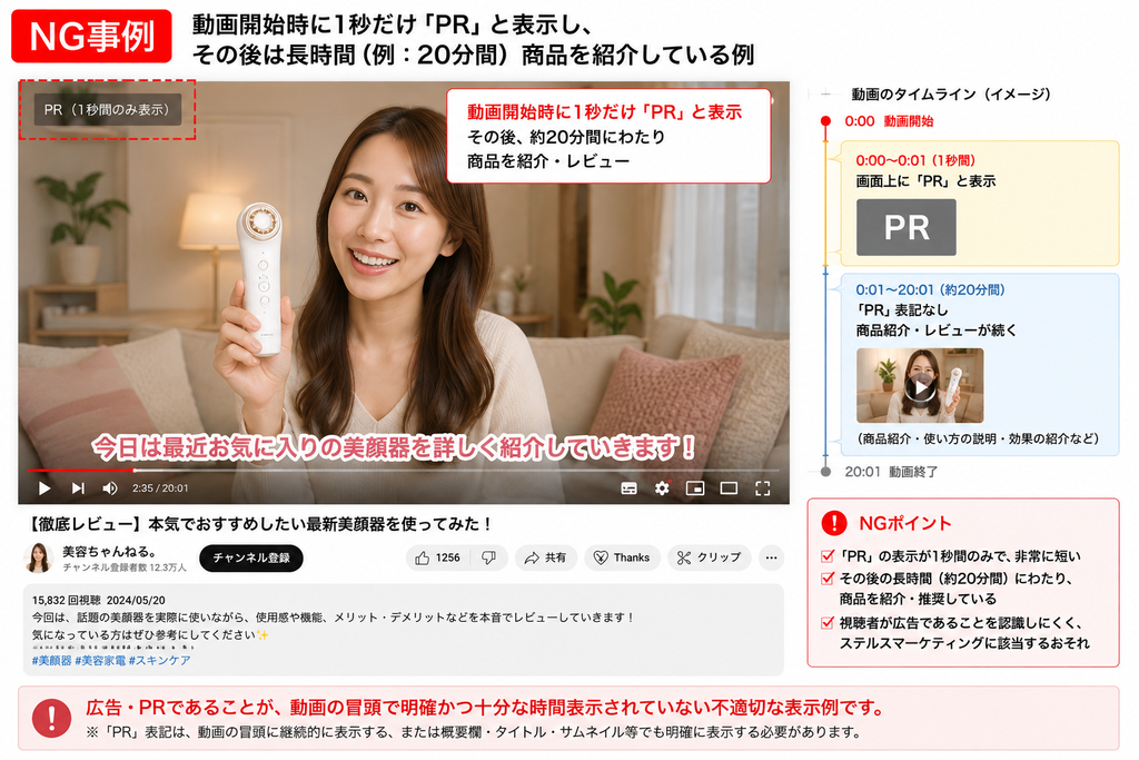 ステルスマーケティング規制における動画PR表記のNG事例。動画開始時に1秒間のみ『PR』と表示し、その後の約20分間にわたり商品レビューが続く例を図解している。動画のタイムライン図と『NGポイント』のリストが記載されており、動画冒頭の短時間表示だけでは視聴者が広告であることを認識できず、ステマ規制に抵触する恐れがあることを警告している。