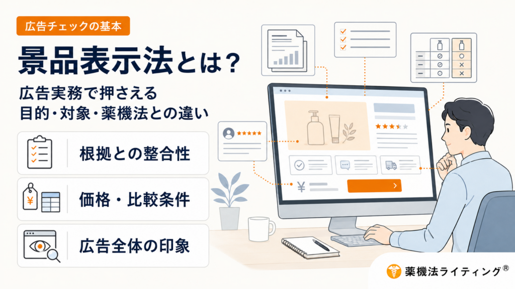 景品表示法の概要を解説する記事のタイトル画像。広告実務者向けのガイドとして、目的・対象・薬機法との違いを整理するイメージ図