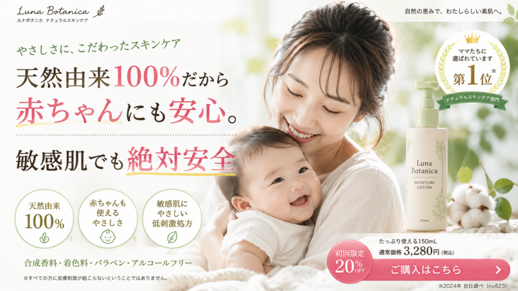 化粧品の安全性を過度に保証した広告表現のNG事例。「天然由来100%だから赤ちゃんにも安心」「敏感肌でも絶対安全」と大きく表示し、母親が赤ちゃんを抱く写真で安全性を強調している。右側に架空の保湿ローション「Luna Botanica」を配置し、「赤ちゃんも使えるやさしさ」「敏感肌にやさしい低刺激処方」「合成香料・着色料・パラベン・アルコールフリー」などを訴求。下部には皮膚刺激が起こらないことを保証するものではないとの注意書きがあるものの、広告全体では乳幼児や敏感肌にも絶対に安全であるかのような印象を与える不適切な広告例である。