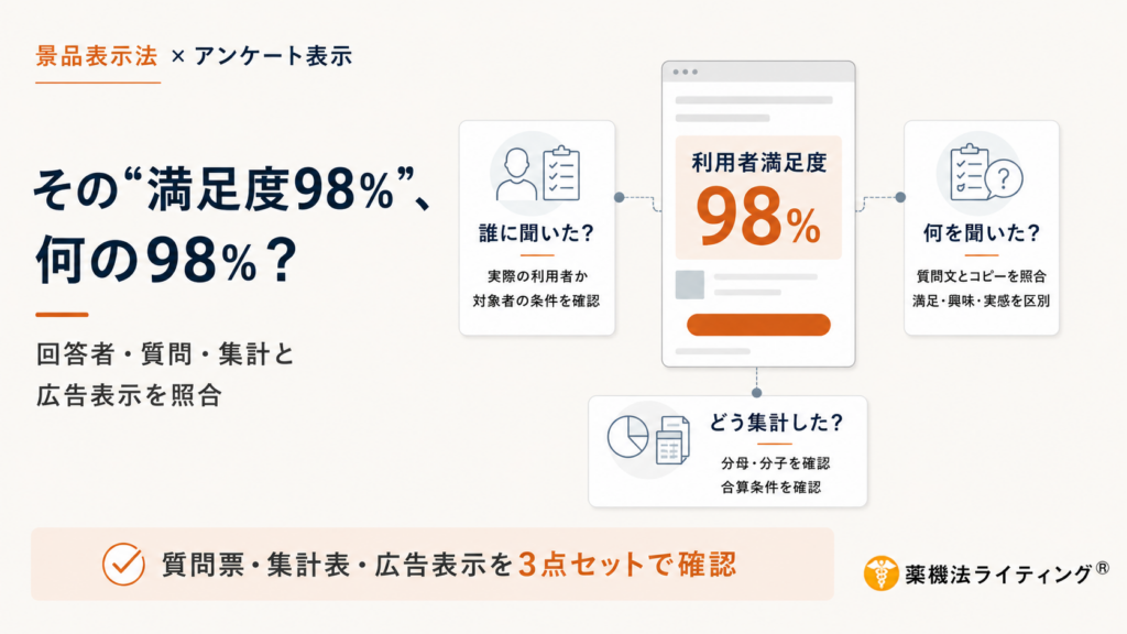 景品表示法とアンケート表示の適正化を解説する図解。「その『満足度98％』、何の98％？」という問いかけを中心に、広告表示の根拠として確認すべき3つのポイント「誰に聞いたか（調査対象・条件）」「何を聞いたか（質問内容・コピーの照合）」「どう集計したか（分母・分子・合算条件）」が記載されている。下部には「質問票・集計表・広告表示を3点セットで確認」という重要な確認事項が記されている。「薬機法ライティング®」のロゴ入り。 一部を表示