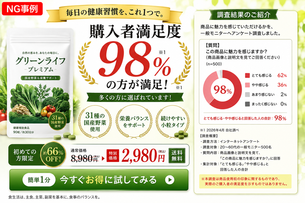 健康食品『グリーンライフ・プレミアム』の広告例。大きく『購入者満足度98％』と記載されているが、アンケート結果欄には、調査対象が『実際に商品を購入・利用した人』ではなく『商品画像と説明文を見た一般モニター500人』であることが記されており、購入者満足度の根拠として不適切なNG事例。
