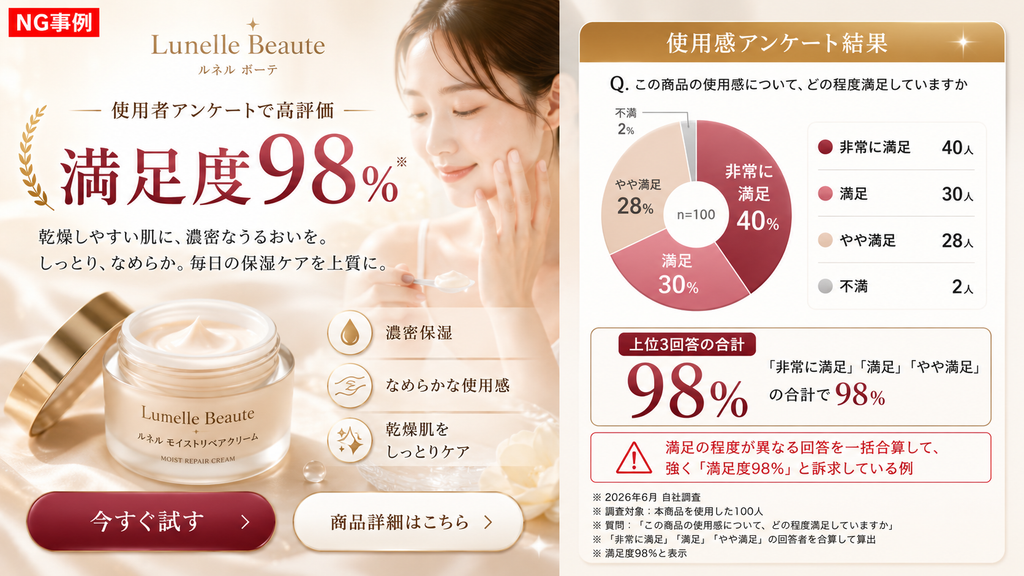 保湿クリーム「Lumelle Beaute（ルネル ボーテ）」の広告NG事例。「使用者アンケートで高評価 満足度98％」と大きく訴求しているが、アンケート結果の円グラフでは「非常に満足」「満足」「やや満足」を合算して98％としており、満足度の程度が異なる回答を一括合算して強く「満足度98％」と訴求している点が、消費者の誤認を招く恐れがあるとしてNGとされている例。