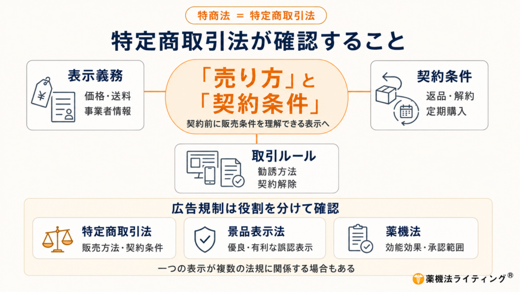 「特定商取引法が確認すること」を示す図解。中央に「売り方」と「契約条件」を置き、表示義務では価格・送料・事業者情報、契約条件では返品・解約・定期購入、取引ルールでは勧誘方法・契約解除を確認する構成。下部では、特定商取引法は販売方法・契約条件、景品表示法は優良・有利な誤認表示、薬機法は効能効果・承認範囲を確認し、一つの表示が複数の法規に関係する場合もあることを示している。