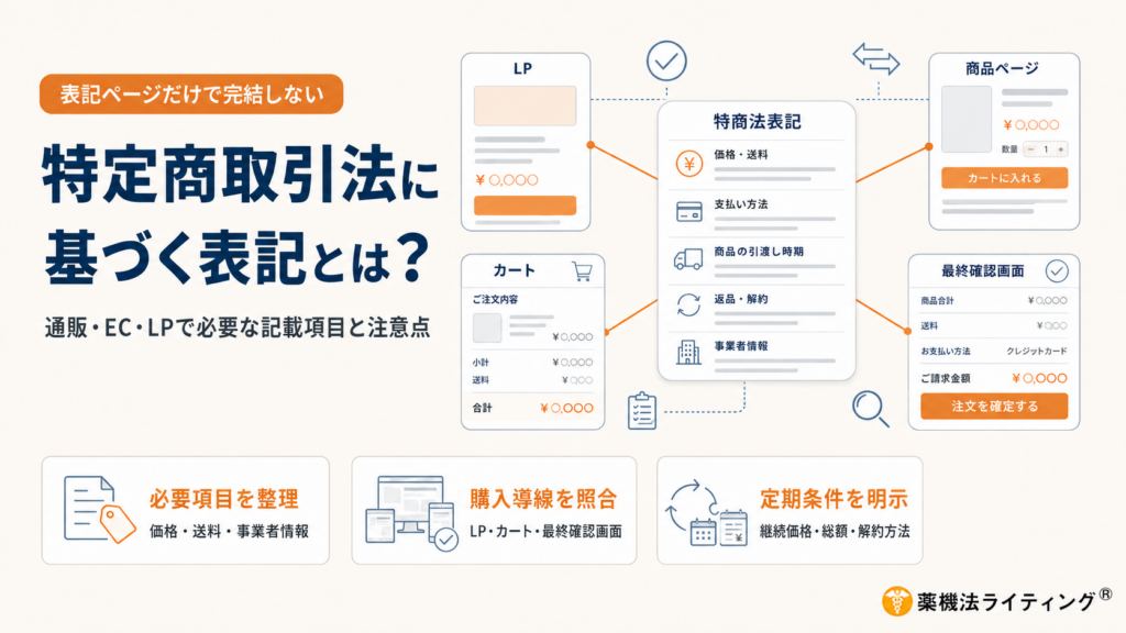 「特定商取引法に基づく表記とは？」という見出しの横に、特商法表記を中心として、LP、商品ページ、カート、最終確認画面を線でつないだ図解。下部では、価格・送料・事業者情報などの必要項目、購入導線全体での照合、定期購入における継続価格・総額・解約方法の明示という3つの確認ポイントを示している。