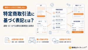 「特定商取引法に基づく表記とは?」という見出しの横に、特商法表記を中心として、LP、商品ページ、カート、最終確認画面を線でつないだ図解。下部では、価格・送料・事業者情報などの必要項目、購入導線全体での照合、定期購入における継続価格・総額・解約方法の明示という3つの確認ポイントを示している。