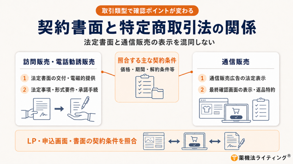 「契約書面と特定商取引法の関係」という見出しの図解。中央の「共通の契約条件」から、左の「訪問販売・電話勧誘販売」と右の「通信販売」に分岐している。左側では契約書面の交付と法定事項・形式要件、右側では広告表示・特商法表記と最終確認画面・返品特約を確認する構成。下部では、LP・申込画面・書面を同じ契約条件に基づいて照合する重要性を示している。